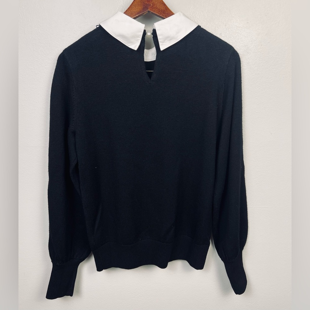 Kate Spade Black Wool Knit Top – White Mock Collar Preppy Sweater – Classic - M - Picture 3 of 10